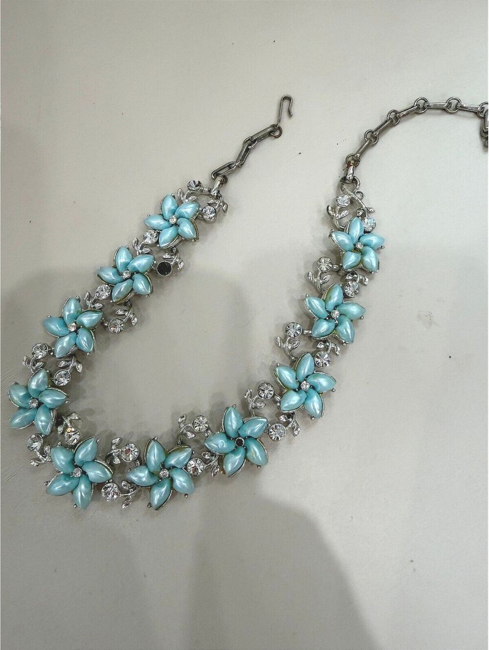 Lisner Blue Flower Rhinestone Necklace Silver Tone 16"